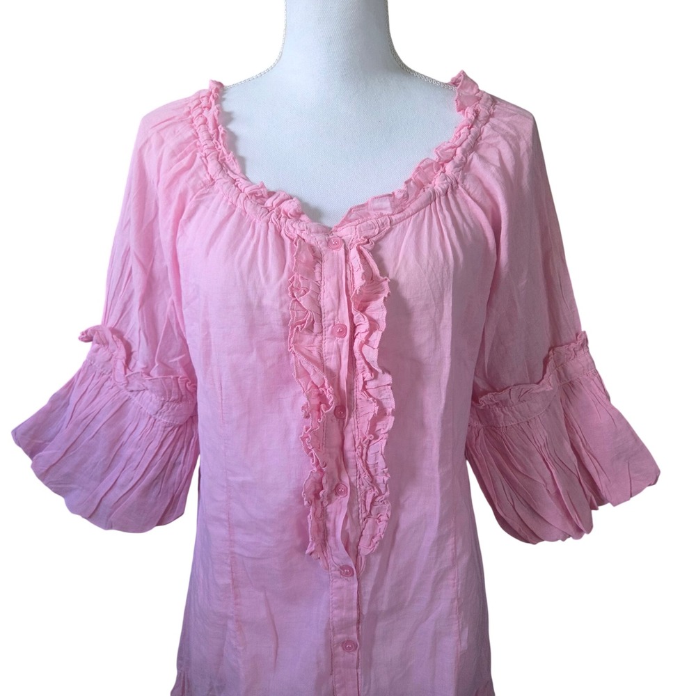 Yes! Miss Pink Cotton Ruffle Milkmaid Puff Sleeve Dress Y2K Prairie Tunic Large - Picture 2 of 11